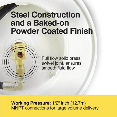 Close-up of Retractable Oil Hose Reel With One Half Inch By Fifty Foot Premium SAE 100 R1AT Hose Max 2320 Psi showing brass swivel joint.