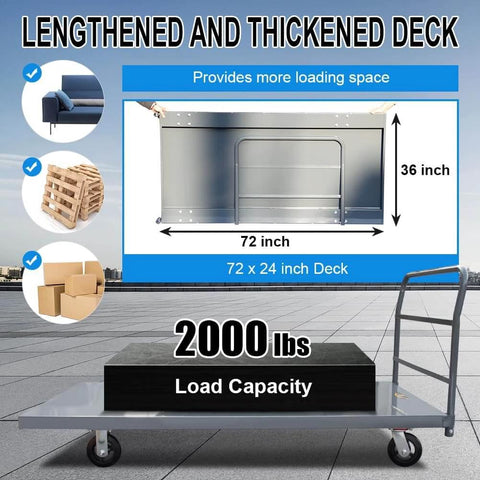 Steel Platform Truck/Smooth Deck Platform Truck 2000lb Capacity Heavy Duty Industrial Push Cart 72" L x 36" W, flatbed dolly with 6x4 wheels