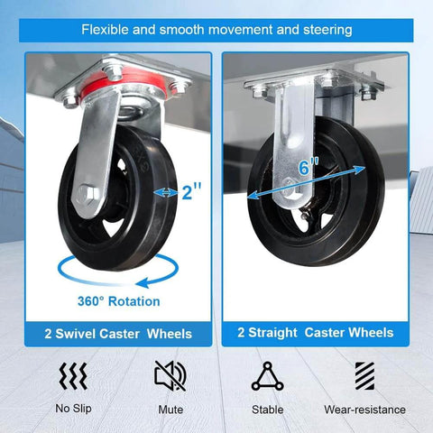 Steel Platform Truck/Smooth Deck Platform Truck 2000lb Capacity wheels with 360-degree swivel and 6-inch straight caster detail.