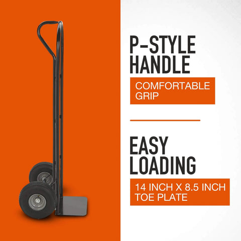 Steel Pneumatic Hand Truck Dolly - 600-Lb. Capacity, 10in. Tires, Powder-Coat Finish, showing P-style handle and toe plate