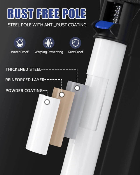 Rust-free premium steel telescoping pole with anti-rust coating layers displayed, part of the Third Hand Tool 3rd Hand Support System.