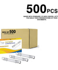 Bulk Five Hundred Pack Prong Paper Fastener Compressors For Standard Two Hole Punches Works With One To Three Point Five Inches Capacity Center Distance Two Point Seven Five Inches For Prong Bases Heavy Duty Corrosion Resistant Steel shown with packaging box and fastener.