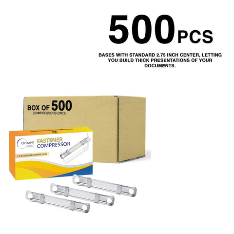 Bulk Five Hundred Pack Prong Paper Fastener Compressors For Standard Two Hole Punches Works With One To Three Point Five Inches Capacity Center Distance Two Point Seven Five Inches For Prong Bases Heavy Duty Corrosion Resistant Steel shown with packaging box and fastener.