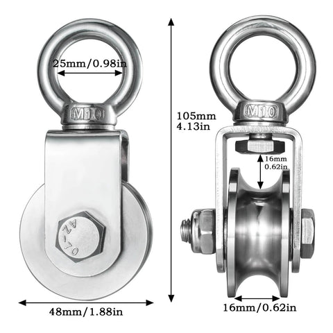 Side and front view of heavy-duty cable single pulley block wheel with clip for wire rope with ball bearings, 48 mm, stainless steel