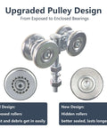 Two Pack Track Roller Wheels Set For Beam Trolley System With Box Rail Strut Channel For Heavy Barn Or Shed Sliding Doors Includes Two Trolleys With Four Steel Ball Bearing Rollers Solid Steel Construction 440 Pound Load Rating Removable Bolt shown with upgraded sealed bearings.