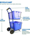 Beefy Heavy Duty Steel Recycling Cart For Bins, 220 Lb Capacity, Premium Virgin Rubber Wheels, 8 Mm Axle, UV Protected Bin Clips