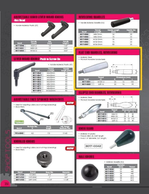 Catalog page featuring Flat End Handle With 3/8-16 Thread For Moveable Hand Wheels, Steel Revolving Flat Head, product diagram and specifications