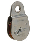 Steel Heavy Duty Single Sheave Rigid Eye Pulley, Zinc Plated, side view showing 2" sheave diameter, 3/8" rope capacity