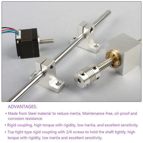 Blue aluminum 1/4 to 1/4 rigid shaft couplings attached to metal rods and motor, demonstrating secure connection in CNC setup.