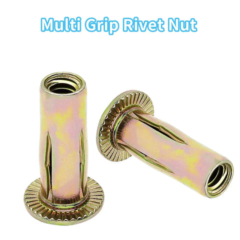 Heavy Duty 25 Pack Steel Multi Grip Rivet Nuts With Pre Bulbed Shank Zinc Plated Flat Head Threaded Inserts For Industrial Use