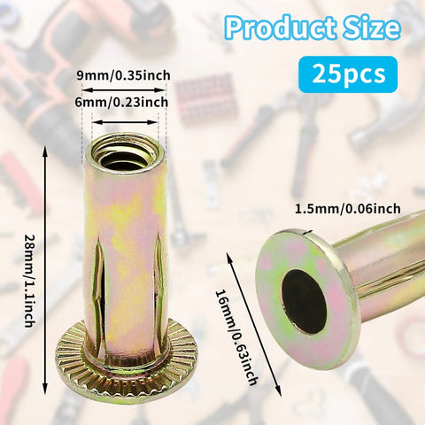 Heavy Duty 25 Pack Steel Multi Grip Rivet Nuts With Pre Bulbed Shank Zinc Plated Flat Head Threaded Inserts For Industrial Use One Quarter Inch Twenty Thread A True Workhorse For Auto Metalworking And DIY Projects Moicstiy with dimensions displayed
