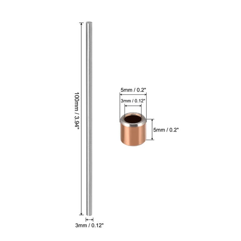 3mm high-speed steel rod and tin bronze bearing sleeve dimensions, part of Bearing Sleeve Set 10 Pieces 3 Mm Bore 5 Mm Outer Diameter 5 Mm Length Self Lubricating Tin Bronze Sleeves Made With Powder Metallurgy For High Precision Machinery And 5 Pieces 3 Mm High Speed Steel Rod 100 Mm Length kit.