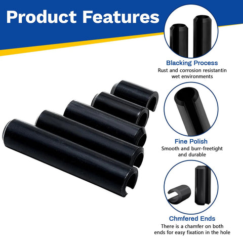 Product features of Roll Pin Set 550 Pcs Assortment Kit with slotted tension pins, black oxide finish, fine polish, chamfered ends