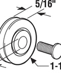 Unfinished Steel Roller One Quarter Inch Inside Diameter And One And One Quarter Inch Outside Diameter, Five Sixteenth Inch Wheel Thickness, Grooved Edge For Smooth Rail And Track Applications, Durable Replacement Roller Two Pack illustration showing dimensions.