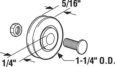 Unfinished Steel Roller One Quarter Inch Inside Diameter And One And One Quarter Inch Outside Diameter, Five Sixteenth Inch Wheel Thickness, Grooved Edge For Smooth Rail And Track Applications, Durable Replacement Roller Two Pack illustration showing dimensions.