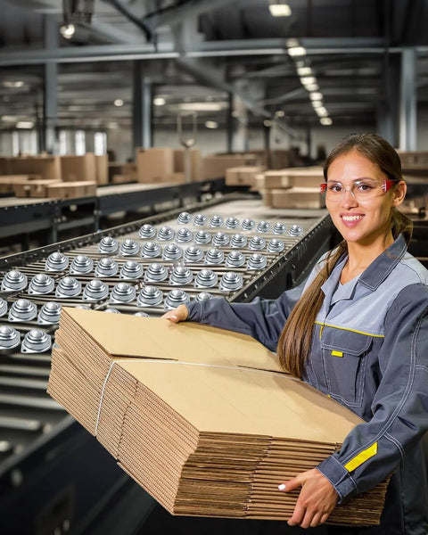 Worker handling cardboard next to 16 Pcs Table Ball Slide Units Roller Ball Transfer Bearings with 1 Inch Carbon Steel Ball for conveyors.