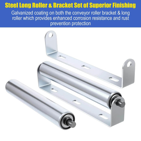 ✝️ 2 Pack 10 Inch Long Roller and Bracket Set, 1.5 Inch Diameter Galvanized Steel Conveyor Rollers, Front View