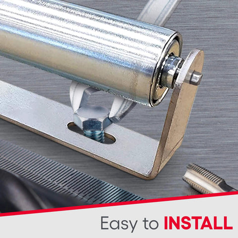 Heavy Duty Galvanized Steel Rollers Bracket Set: Conveyor System for Woodworking, showing close-up of roller installation on a bracket.