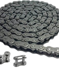 Close-up of a steel roller chain with connecting links for machinery and conveyor systems.