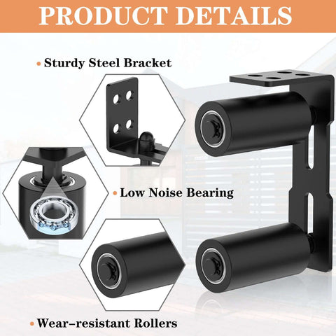 Close-up of Sliding Gate Roller Guide Set with Heavy Duty Steel L Bracket and Adjustable Four Inch Nylon Support