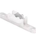 Three Eighths Inch Steel Flat Edge Sliding Window Roller Assembly For Tom Rays Tyco 66 Series Windows With White Nylon Housing And Steel Roller Mounting Holes On Center One And One Quarter Inches Four Pack, side view