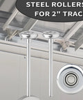 Ten Pack Four Inch Stem Steel Garage Door Rollers For Two Inch Garage Track With Ten Ball Bearings Quiet Durable High Load Commercial Wheels And Precision Bearings Standard OEM Size For Residential Doors shown installed and close-up view.