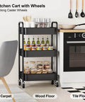 Black Three Tier Rolling Cart On Wheels, Heavy Duty Metal Utility Trolley With Lockable Wheels, in a kitchen setting.