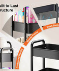 Close-up of Three Tier Rolling Cart On Wheels, Heavy Duty Metal Utility Trolley, focusing on mesh basket, contoured handle, and sturdy frame.