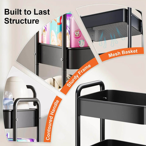 Close-up of Three Tier Rolling Cart On Wheels, Heavy Duty Metal Utility Trolley, focusing on mesh basket, contoured handle, and sturdy frame.