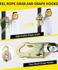 Pro Grade 50Ft Vertical Lifeline Kit with steel rope grab and two steel snap hooks displayed for fall protection use.
