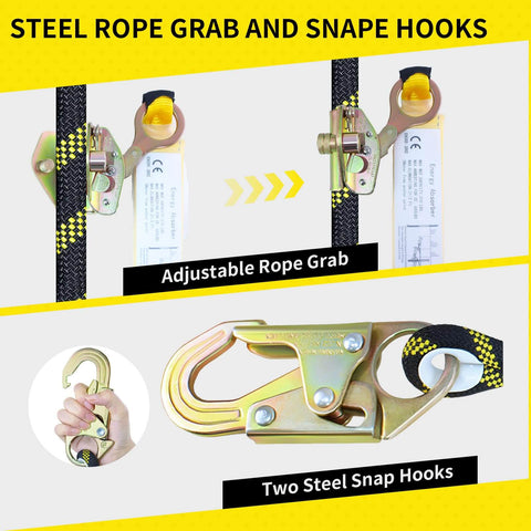 Pro Grade 50Ft Vertical Lifeline Kit with steel rope grab and two steel snap hooks displayed for fall protection use.