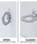 Steel RV Water Heater Latch Twist Cam Lock Replacement Door Fastener for Easy Turn Thumb Operation shown in open and closed positions.