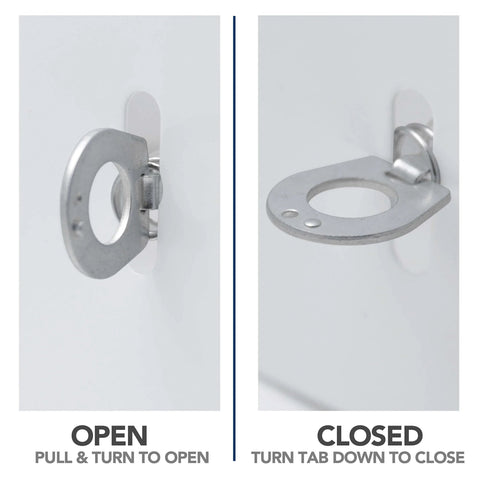 Steel RV Water Heater Latch Twist Cam Lock Replacement Door Fastener for Easy Turn Thumb Operation shown in open and closed positions.