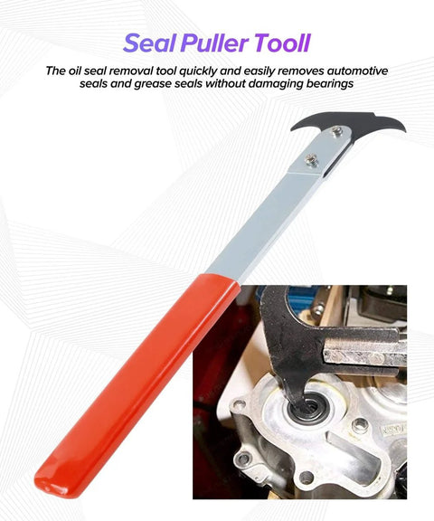 Beefy Car Seal Puller And Wheel Bearing Removal Tool, Universal Wheel Seal Twister And Grease Packer with red handle, shown in use