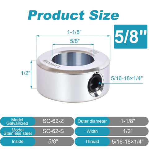 4pcs 5/8" bore Shaft Collar, 5/8" bore Solid Steel Style zinc Plated Set Screw Shaft Collars, 1-1/8" OD, 1/2" Width