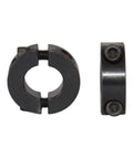 Close-up of black steel circular clamp components, showing two screws on each side, designed for securing and adjusting positions.