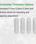 Achieve precise mounting and spacing with a 48-piece M22 flat shim set, offering 0.1, 0.2, 0.3 and 0.5 mm thickness (12 each) for accurate leveling and bracket alignment in mechanical assemblies. Image shows steel shims with thickness options.