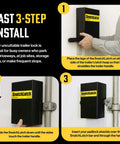 Heavy Duty Steel Shipping Container Lock Box Anti Theft Guard For Cam Bar Latches Powder Coated Conex Shipping Container Accessories For Padlock Protection With Fast 3 Step Install shown in use.