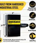 Heavy Duty Steel Shipping Container Lock Box Anti Theft Guard For Cam Bar Latches Powder Coated Conex Shipping Container Accessories For Padlock Protection With Fast 3 Step Install, installed view showing dimensions and features
