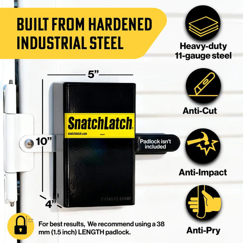 Heavy Duty Steel Shipping Container Lock Box Anti Theft Guard For Cam Bar Latches Powder Coated Conex Shipping Container Accessories For Padlock Protection With Fast 3 Step Install, installed view showing dimensions and features