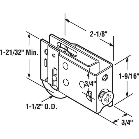 Diagram of Steel Sliding Door Roller Assembly with 1-1/2 Inch Steel Ball Bearing, Yellow finish, showing dimensions and features