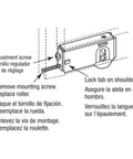 Diagram of Steel Sliding Door Roller Assembly with 1-1/2 Inch Steel Ball Bearing, highlighting adjustment screw and lock tab.