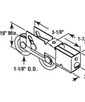 Diagram of Steel Sliding Door Roller Tandem Assembly, 1-1/8 in. Diameter Roller, Steel Ball Bearing with dimensions shown