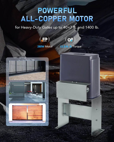 1400lb Sliding Gate Opener Hardware Security System Kit with electric motor and steel housing for gates up to 40 feet