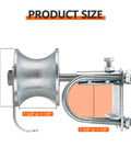 Side view of 3-inch Sliding Gate Roller in Steel Construction for 2-inch Frames with Double U-Bolt Pack for Smooth Operation.