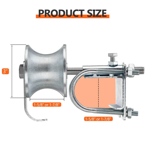 Side view of 3-inch Sliding Gate Roller in Steel Construction for 2-inch Frames with Double U-Bolt Pack for Smooth Operation.