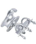 Sliding Gate Rollers For Chain Link Gates With Rear Pipe Track Wheels And Double U Bolt, Fits One Seven Eighths Inch Or One Five Eighths Inch Gate Frames, Durable Steel Construction For Outdoor Use, Heavy Load Capacity shown from side view, silver steel with U-bolts.
