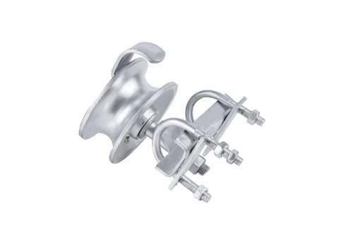 Sliding Gate Rollers For Chain Link Gates With Rear Pipe Track Wheels And Double U Bolt, Fits One Seven Eighths Inch Or One Five Eighths Inch Gate Frames, Durable Steel Construction For Outdoor Use, Heavy Load Capacity shown from side view, silver steel with U-bolts.