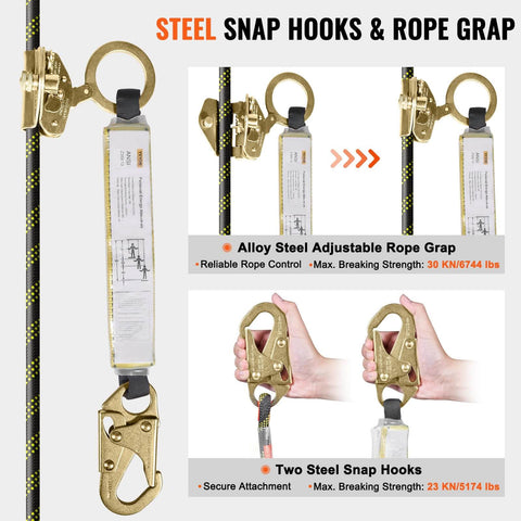 Secure elevated work with a 50 ft vertical lifeline kit featuring steel snap hooks, rope grab, and shock absorber.