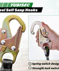 Ultimate Vertical Lifeline Assembly 25 Foot Polyester Rope Harness Safety System With Two Grab Snap Hooks Shock Absorber And Fall Protection Rope For Roofing Work ANSI Compliant, detailed view of steel snap hooks with spring switch design.